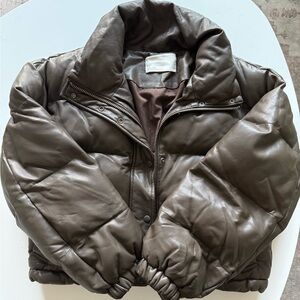 Women's Brown Vegan Leather Puffer Jacket